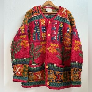Vintage 80s Express TRICOT Hand Knit Cat Wool Oversized Cardigan Sweater M/L